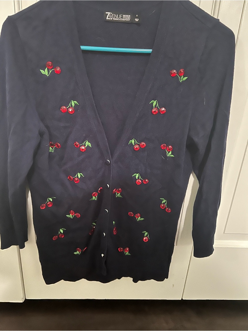 New York & Company Navy Cardigan with Red Cherry Embroidery